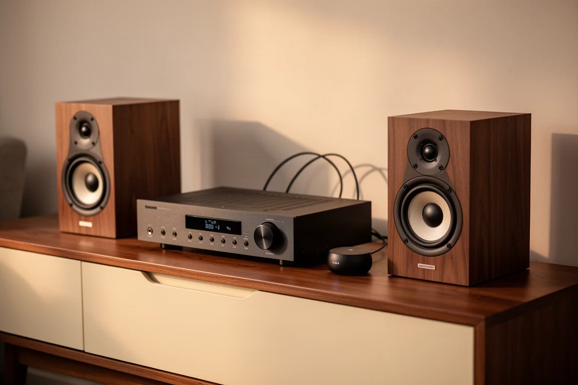 Living room hi-fi shelf in warm evening light with a small puck-shaped streamer beside an amplifier