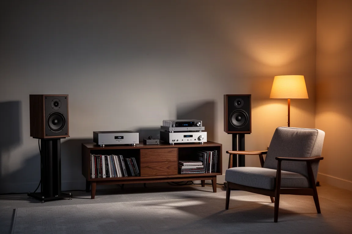 Dimly lit listening room at dusk with bookshelf speakers and a low audio console