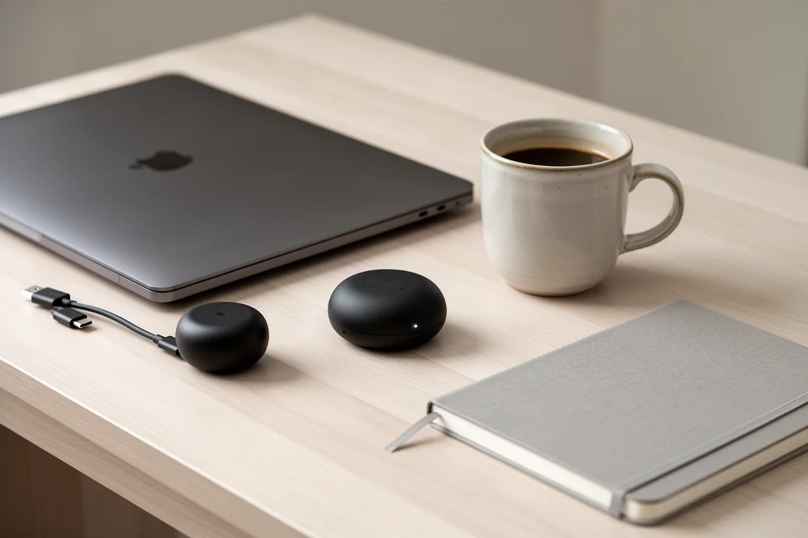 Home office desk in daylight with a small audio device, laptop, cables and a coffee cup