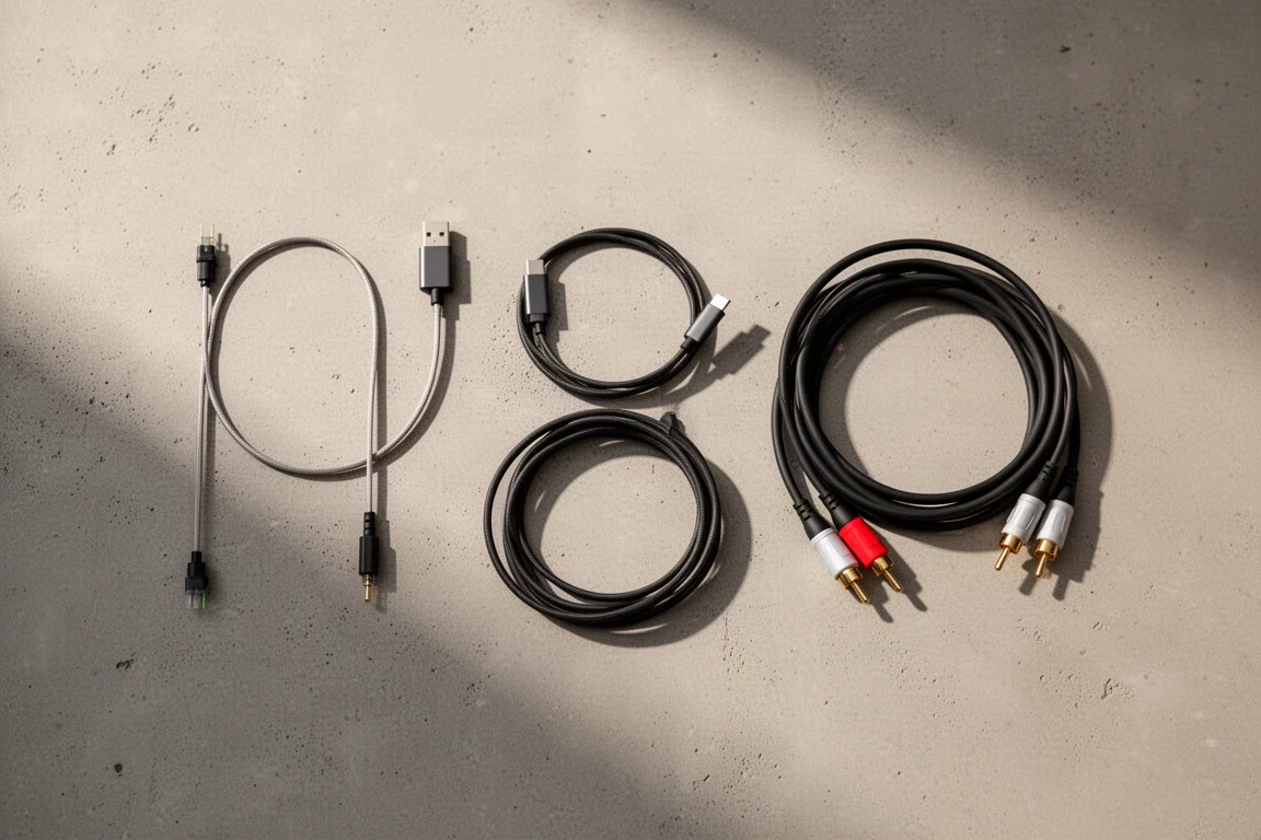 Overhead flat lay of audio cables including optical, USB-C and 3.5mm to RCA on concrete