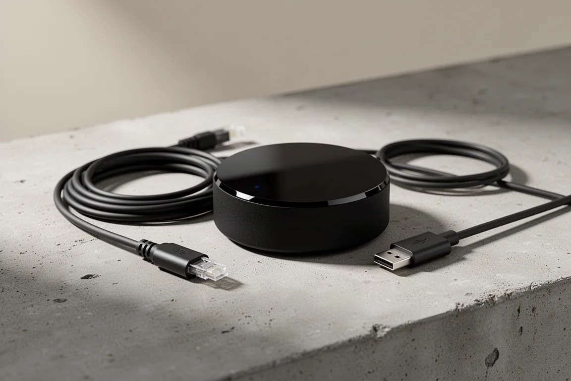 Small puck-shaped network streamer on a concrete surface beside an optical cable and USB-C cable