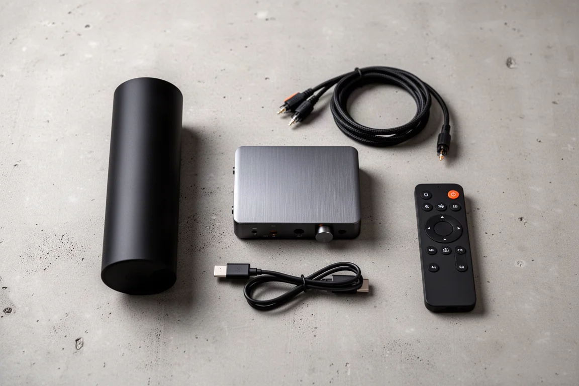 俯拍平铺:小型串流播放器、平价 DAC、光纤线与遥控器