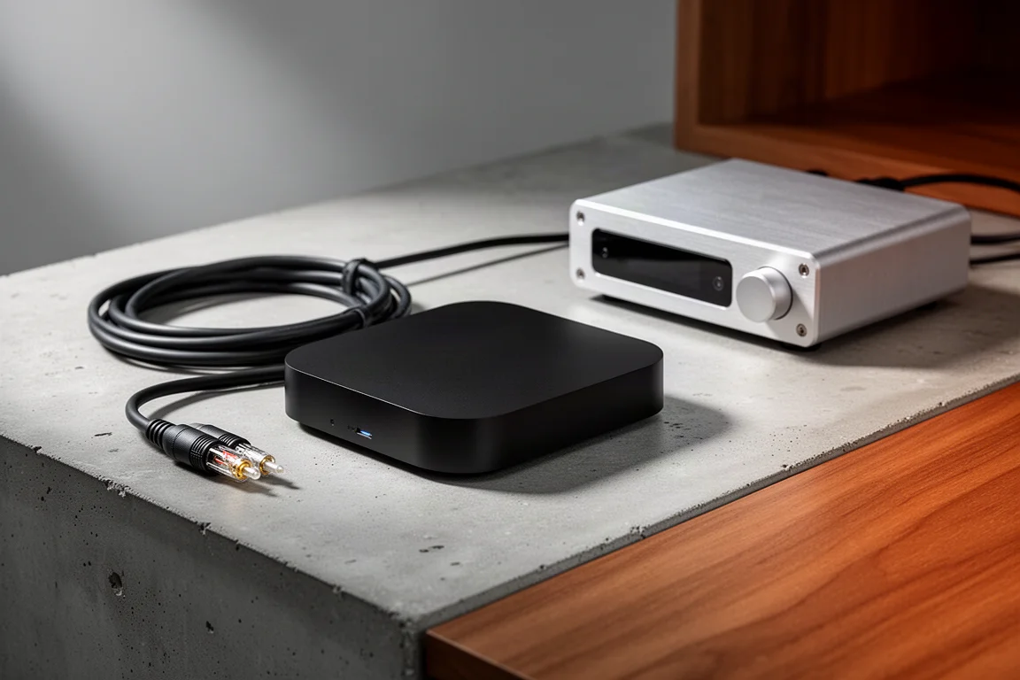 Compact black network streamer beside an optical cable and small DAC on concrete