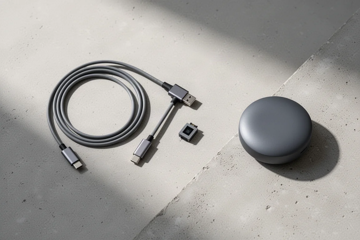俯拍平放的小型串流器，光纖與 USB-C 線材置於淺色混凝土上