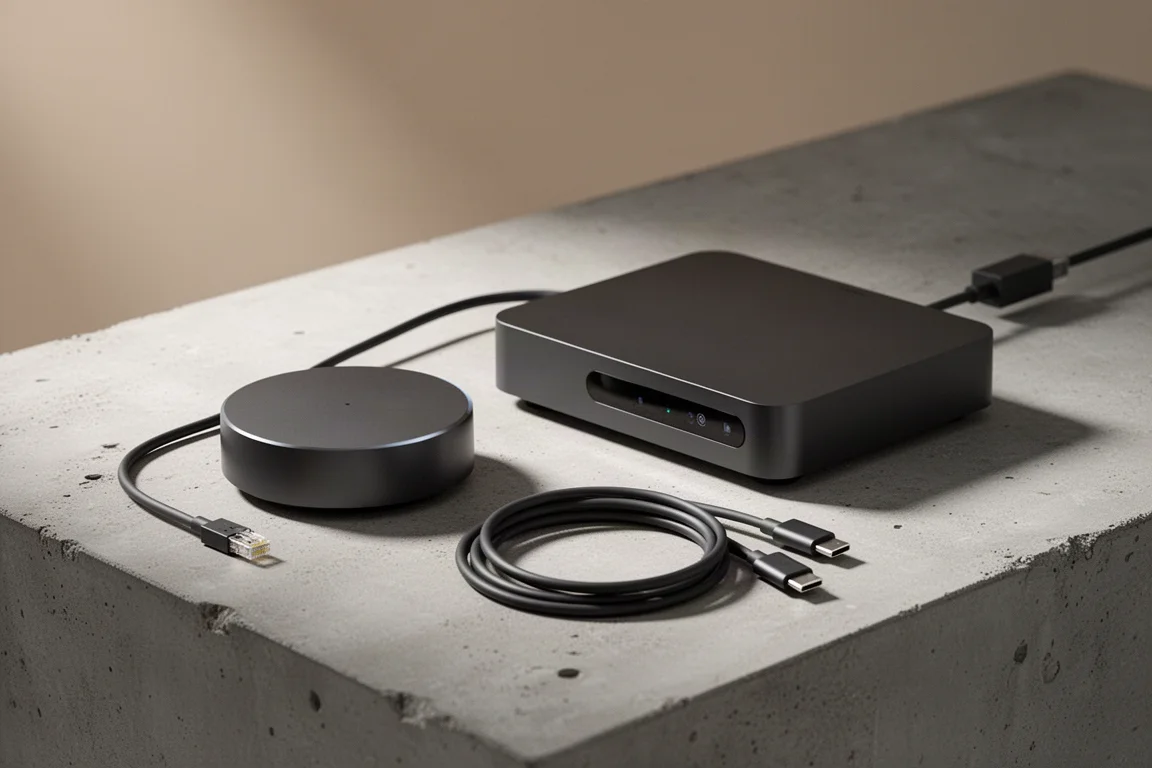 Two compact network streamers of different sizes on a concrete surface with cables