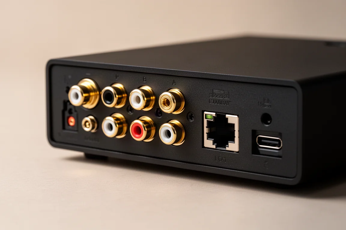 RCA, 광, 동축, Ethernet, USB-C 포트가 보이는 오디오 스트리머의 후면 패널