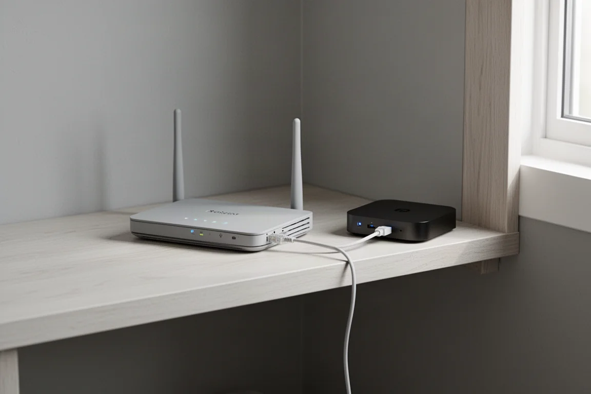 선반 위의 무선 라우터에서 작은 스트리머로 연결된 Ethernet 케이블