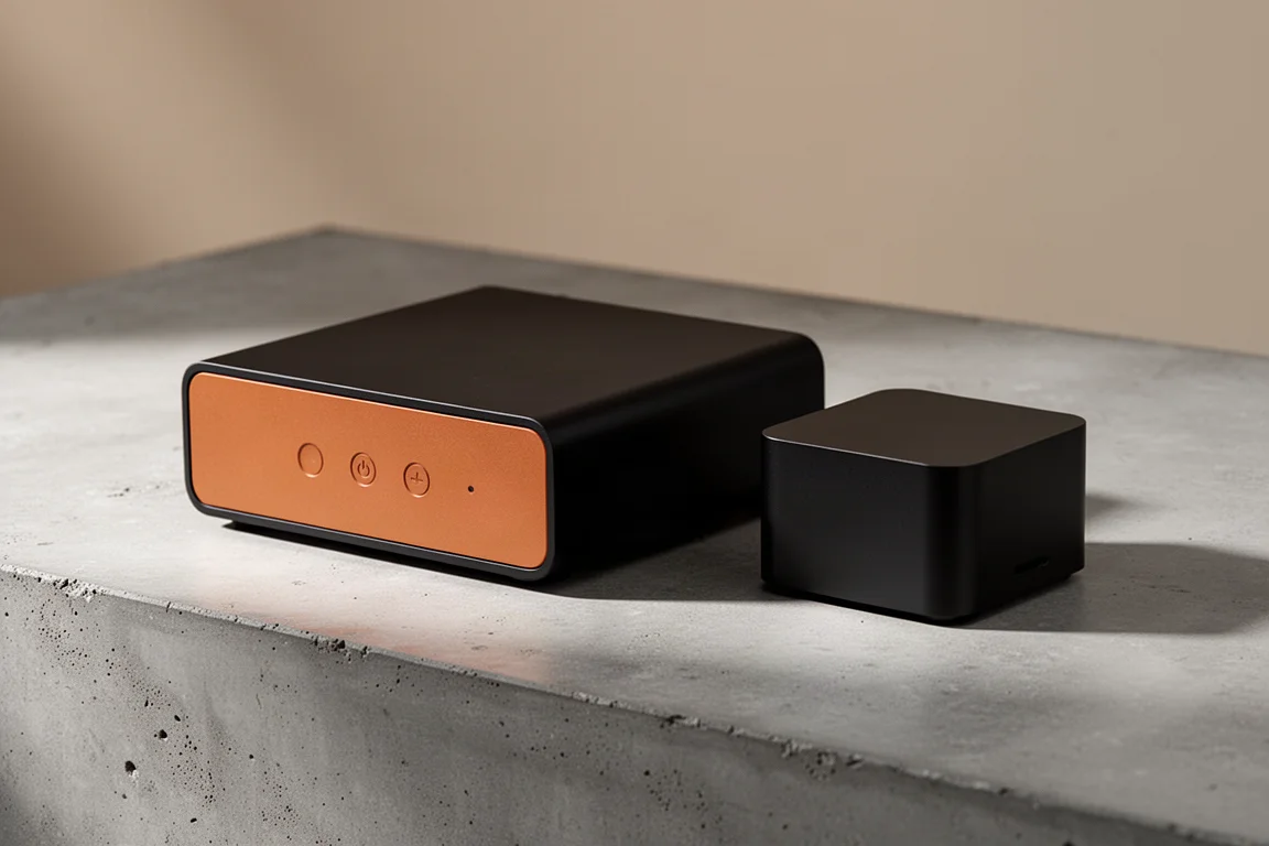 Two compact network streamers on a concrete surface, one larger with a warm orange front panel