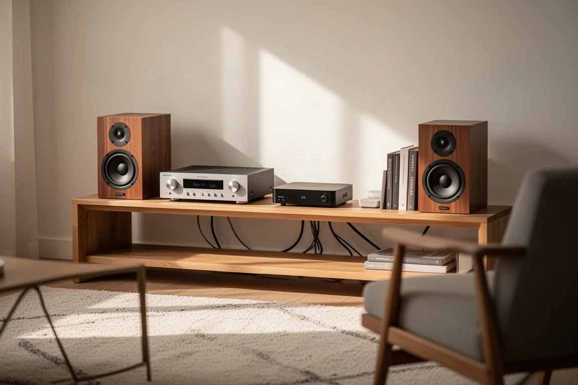 Estantería de hi-fi en el salón con un amplificador delgado, un pequeño streamer y altavoces de estantería