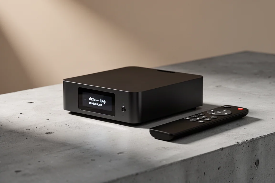 Compact black network music streamer with a slim remote control on a concrete surface