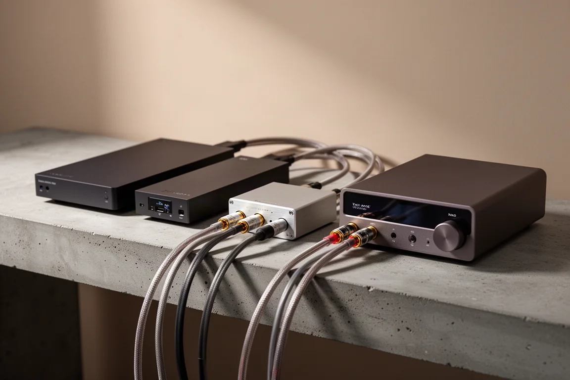 Group of compact streamers and DACs arranged on a concrete shelf with RCA cables
