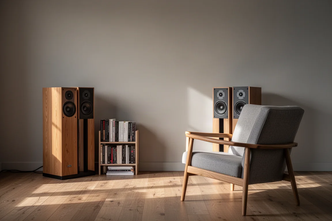 Bookshelf speakers placed close to a bare wall in a sunlit living room corner