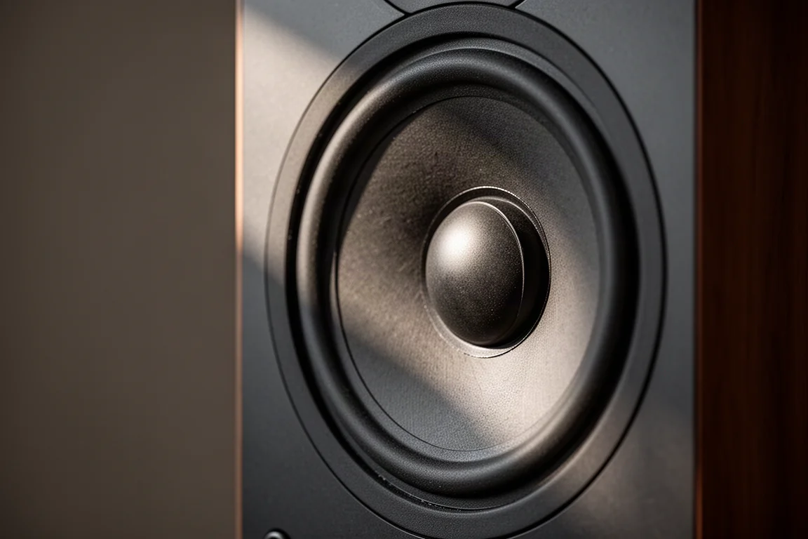 Close-up of a speaker woofer cone and rubber surround in soft directional light