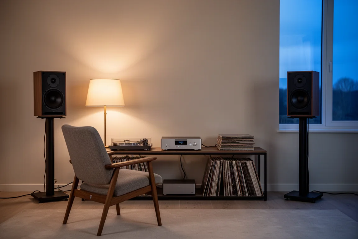 Listening chair facing stand-mounted speakers in a softly lit room at dusk