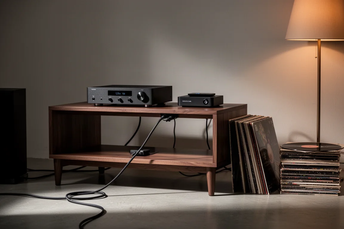 Low hi-fi rack with amplifier and compact streamer in warm lamp light