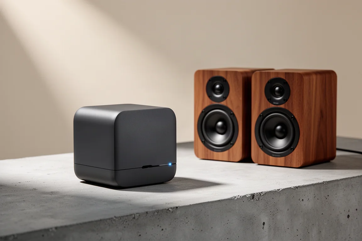 Compact network streamer beside small bookshelf speakers on a concrete surface