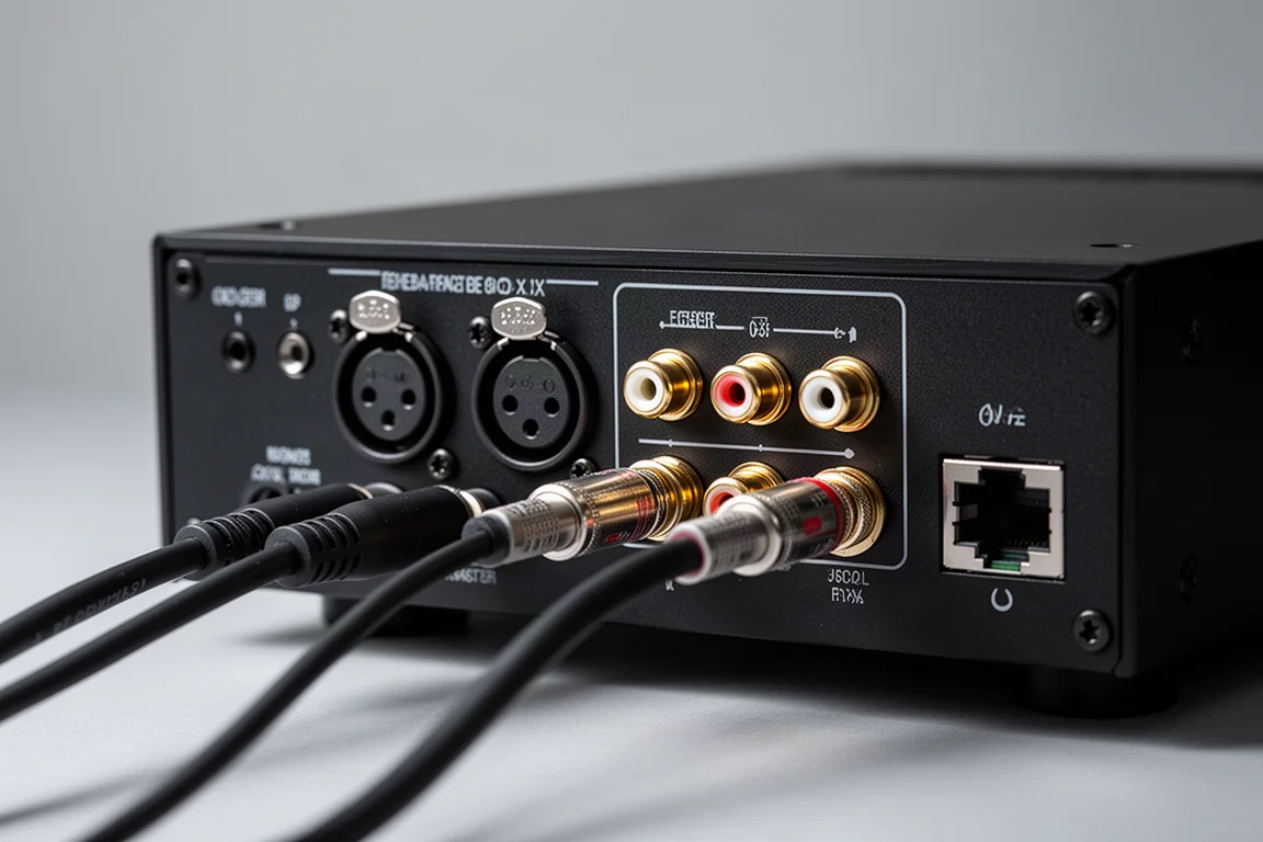 Nahaufnahme symmetrischer XLR- und RCA-Ausgangsbuchsen an der Rückseite einer schwarzen Audiokomponente