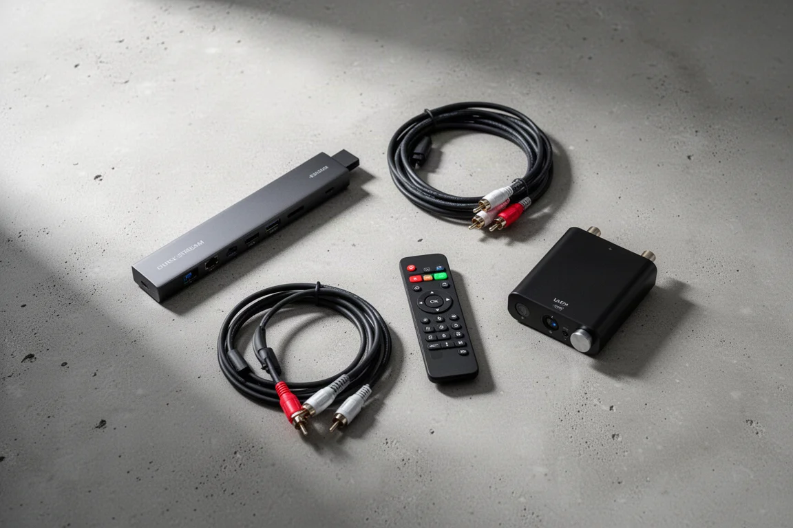 Draufsicht auf Streamer, aufgerollte RCA-Kabel, Fernbedienung und kleinen externen DAC auf Beton