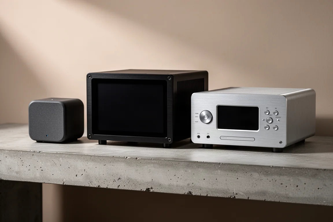 Three network music streamers of different sizes arranged on a matte concrete shelf