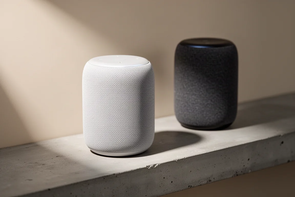 Compact fabric-covered smart speaker on a concrete shelf with a second speaker behind it