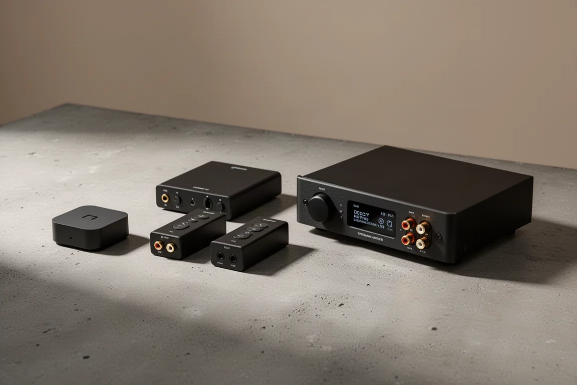 Four compact WiiM streaming components arranged on a matte concrete surface
