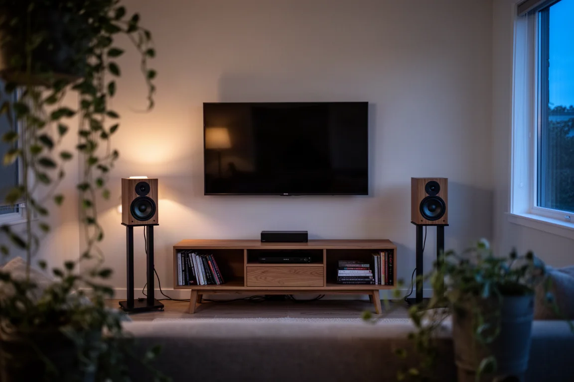 Streamer musical compact sur une étagère en bois entre une platine vinyle et des enceintes bibliothèque
