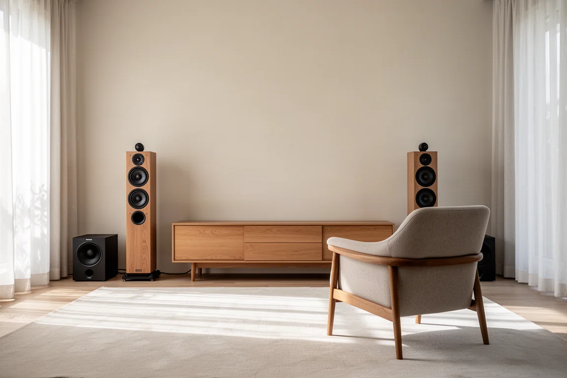 Casque sur un support à côté d'une chaîne hi-fi compacte éclairée par une lampe chaude la nuit