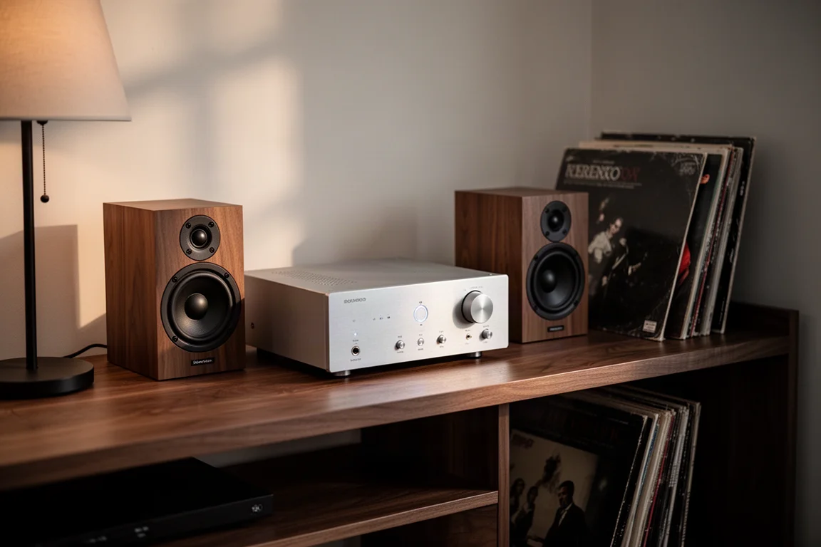 Compact hi-fi components and small bookshelf speakers on a walnut media shelf