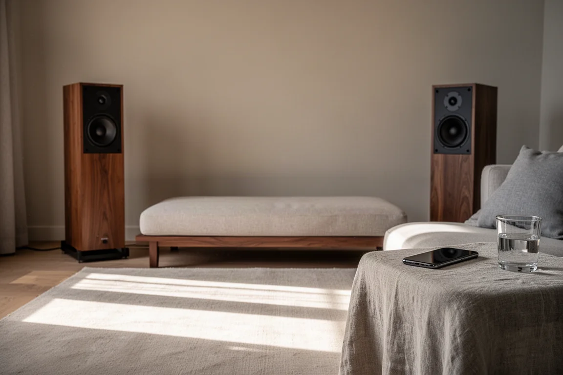 Living room listening setup with speakers and a phone resting on a side table