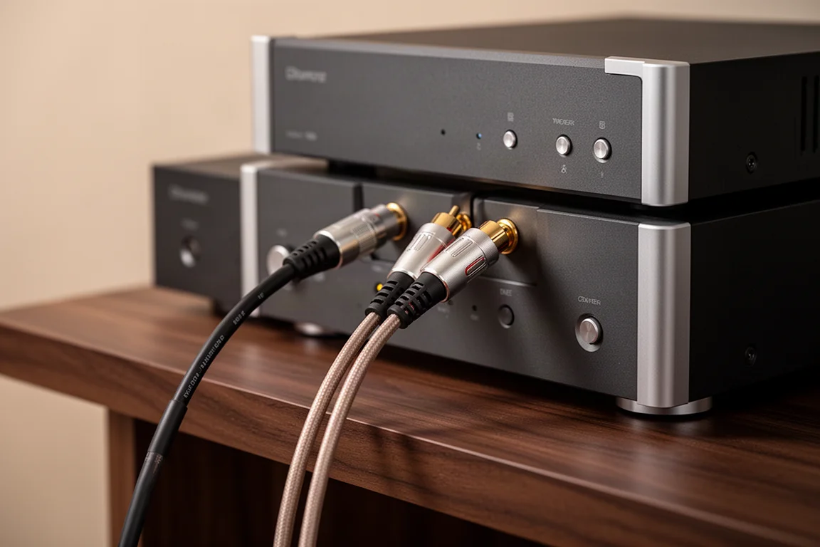 Close-up of optical and RCA cables connecting two compact audio components on a shelf