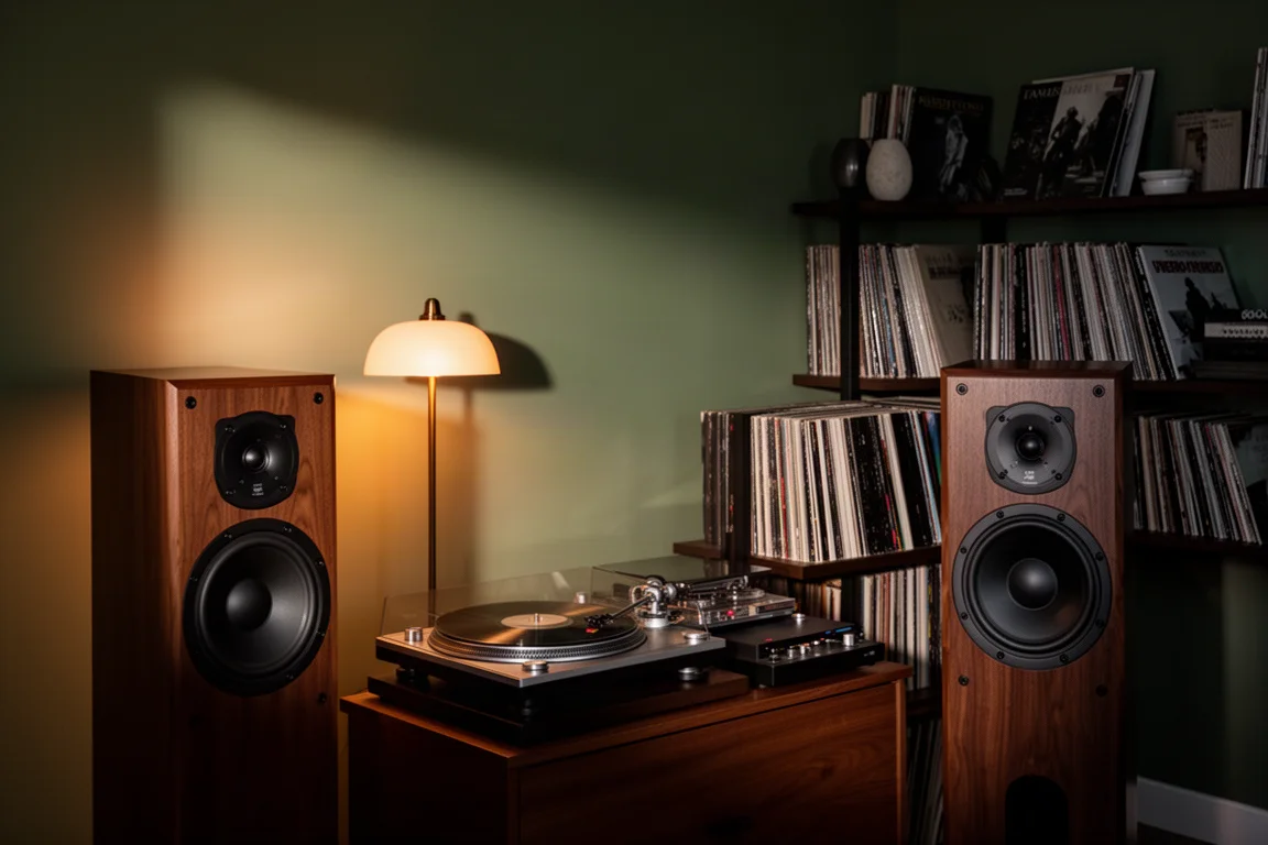 Listening room corner at dusk with speakers, turntable and record shelf