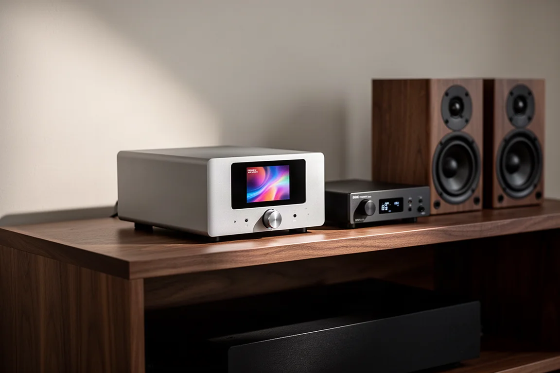 Compact streaming preamp and desktop DAC on a walnut shelf beside small bookshelf speakers