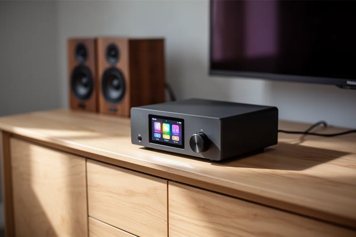 Compact dark gray aluminum music streamer with volume knob and touchscreen on concrete