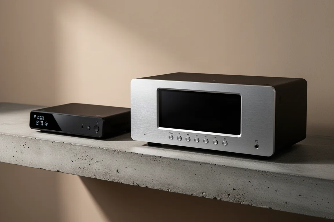 Two music streamers side by side on a concrete shelf, one compact and one full-width aluminium unit