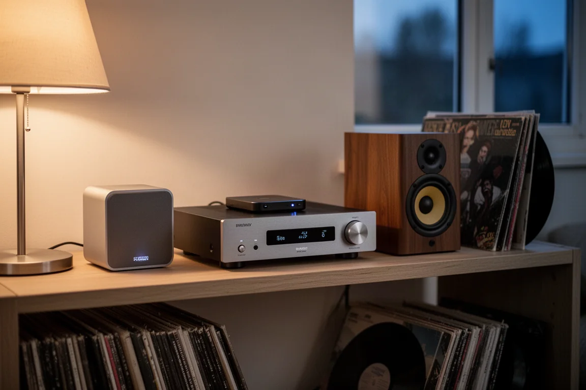 Półka hi-fi w salonie ze kompaktowym streamerem, wzmacniaczem i kolumnami podstawkowymi o zmierzchu