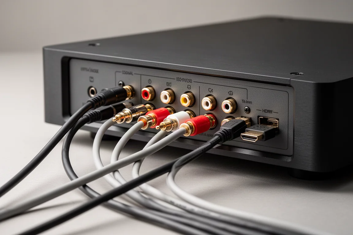 Zbliżenie na tylny panel streamera hi-fi z podłączonymi kablami optycznymi, RCA i HDMI