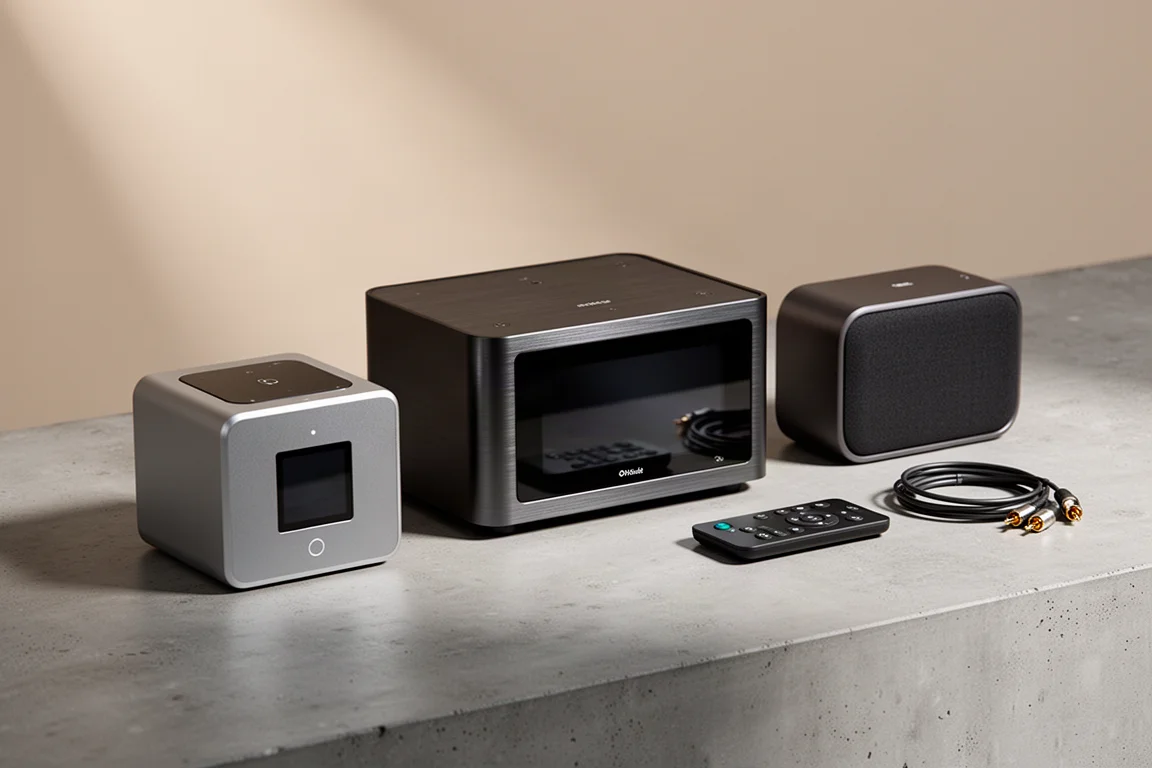 Three music streamers with a remote control and cables arranged on a concrete surface