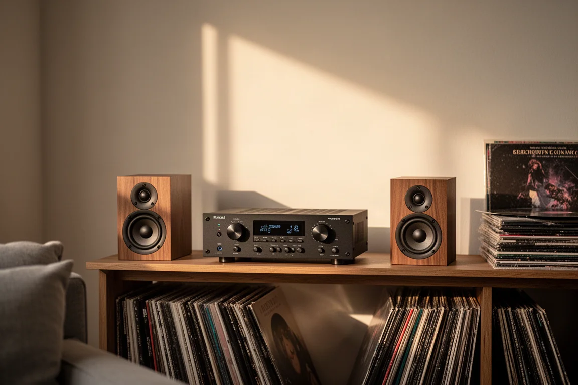 Amplificatore stereo compatto su una mensola di legno tra due diffusori da scaffale in un soggiorno