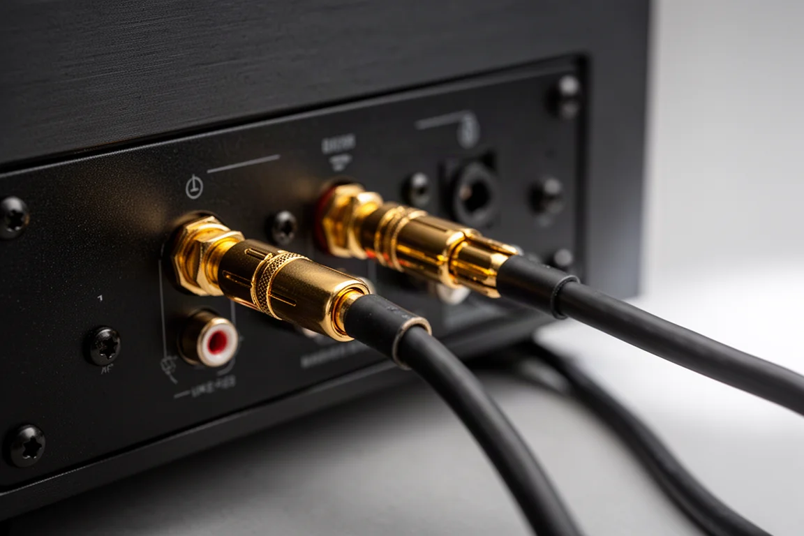 Primo piano di cavi per diffusori con connettori a banana inseriti nei morsetti di un amplificatore compatto