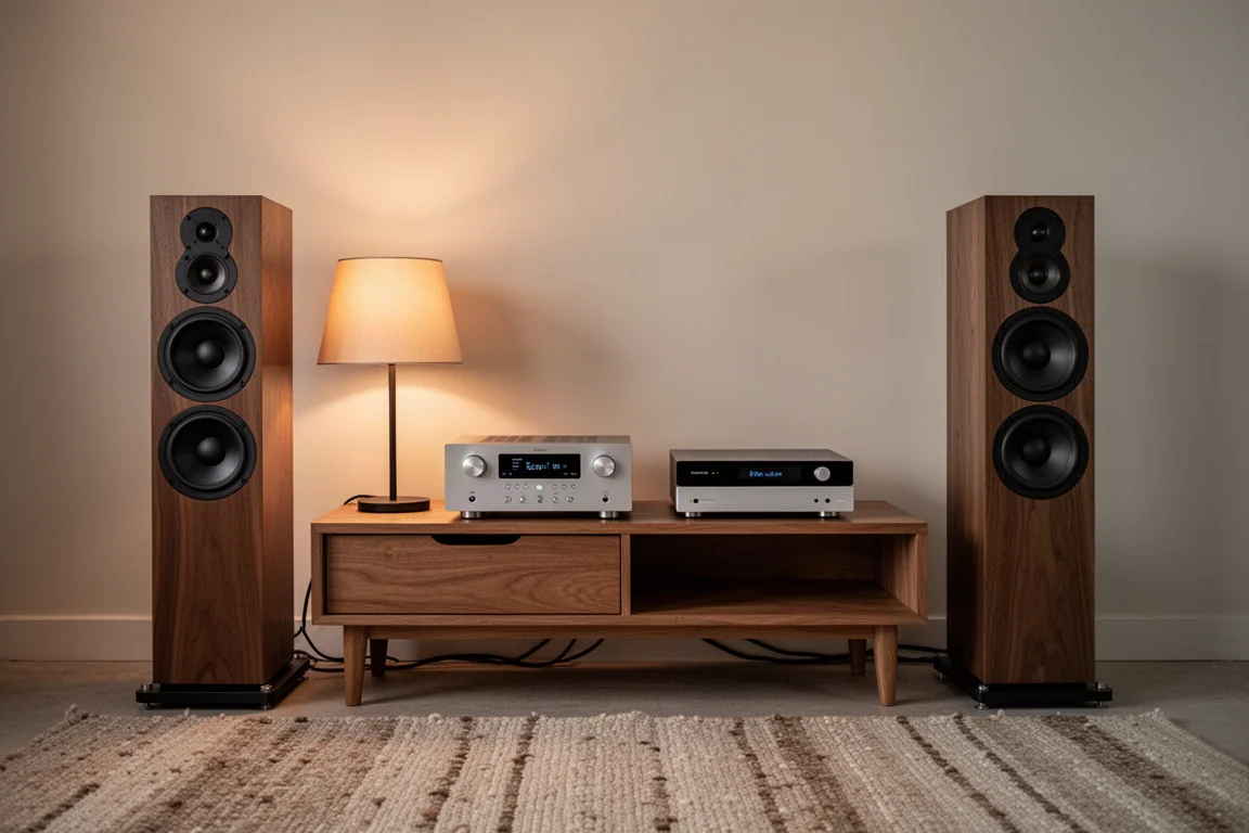 Piccolo sistema hi-fi con amplificatore compatto e diffusori da pavimento in una stanza in penombra serale