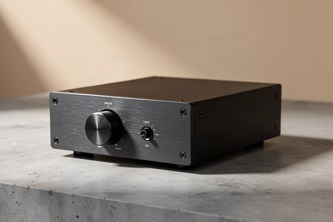 Compact half-rack stereo amplifier with volume knob and input selector on a concrete surface