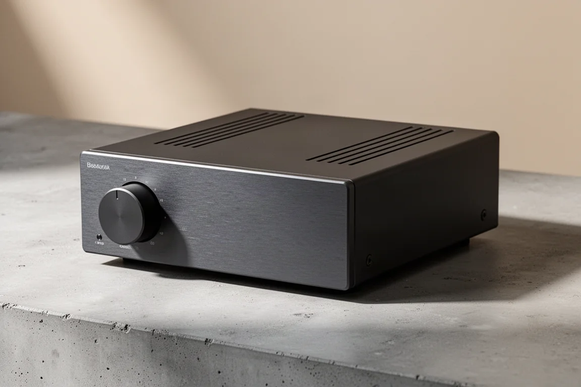 Compact matte grey aluminum stereo power amplifier with a single volume knob on concrete