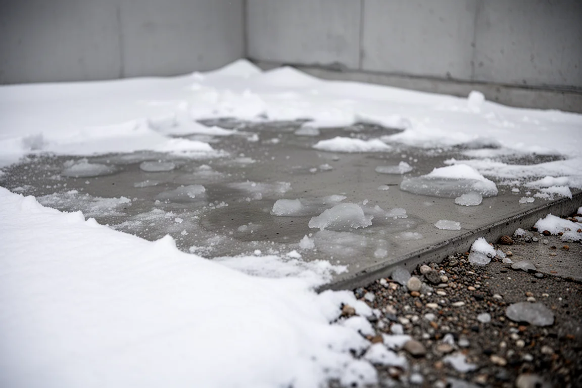 積雪的店面前院,地面上散落碎石、冰塊與數吋厚的新雪