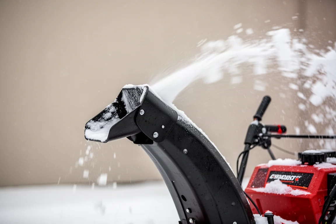 吹雪機的出雪導槽在雪地背景前轉向一側