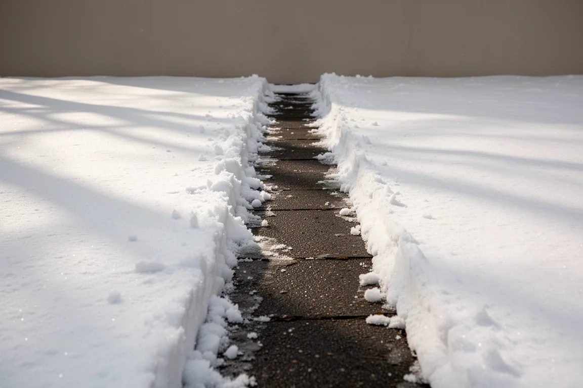 新雪中被清出的走道直達裸露路面,旁邊仍有一條未清除的雪帶
