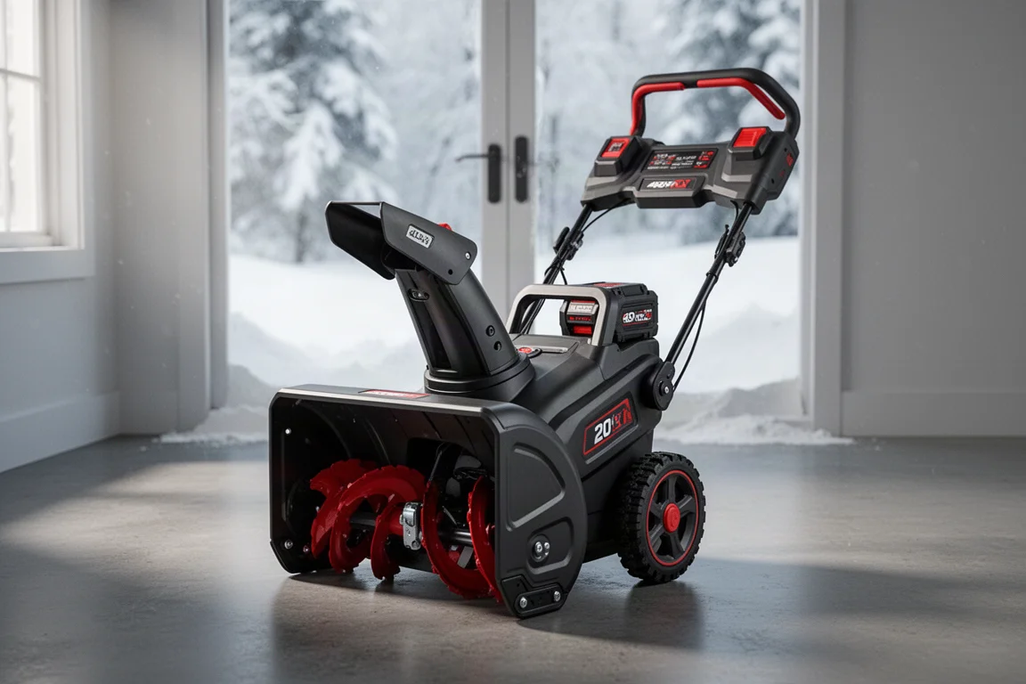 Wild Badger Power 40V cordless snow blower on a concrete floor with snowy doorway behind