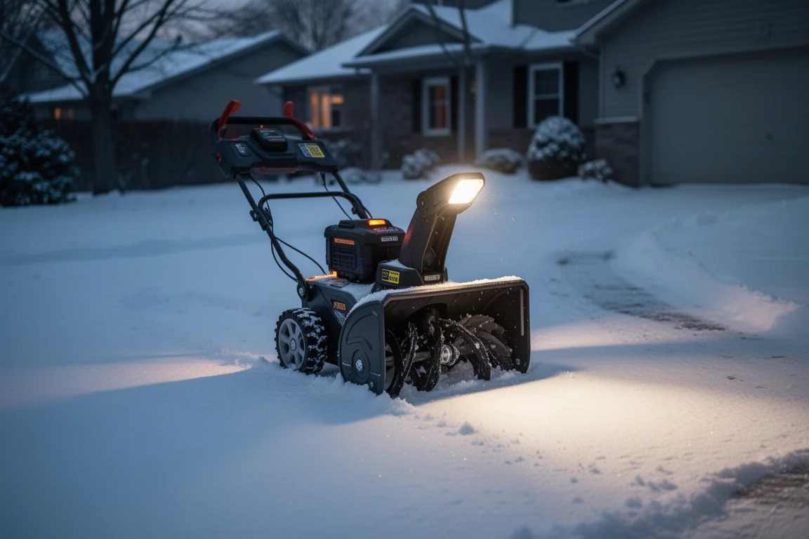 LED-Frontlicht einer Schneefräse wirft einen Lichtkegel über eine dunkle Einfahrt