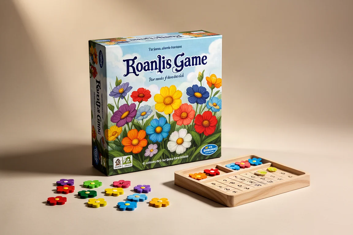 Sammlung von Brettspielschachteln und Spielmaterial, angeordnet auf einem Holztisch