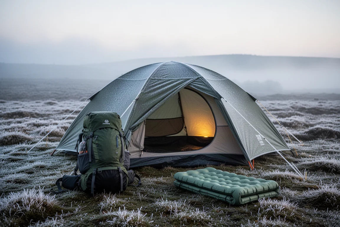 Frost-covered four-season tent with backpack and sleeping pad on moorland at dusk