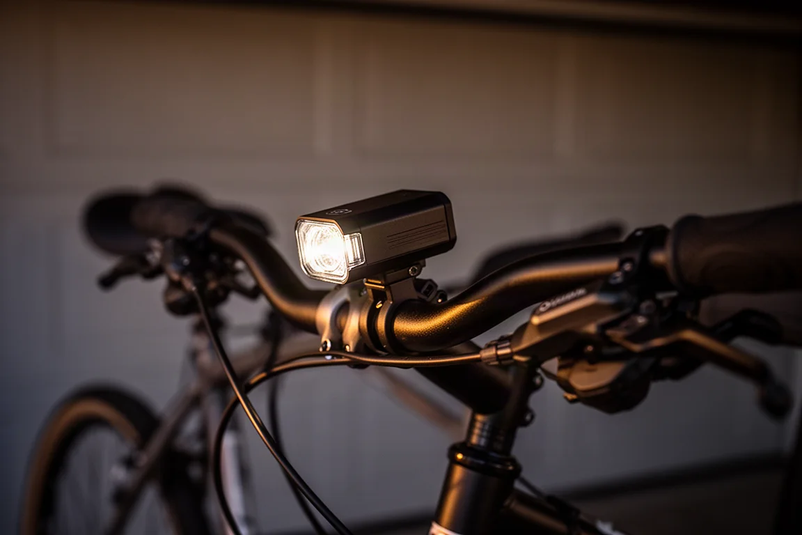 Compact bike light mounted on a handlebar in dim evening light